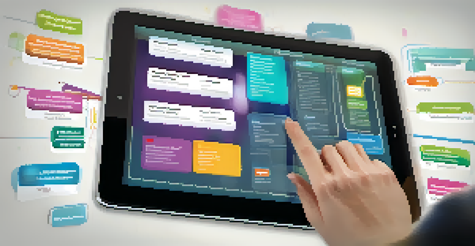 A close-up of a digital tablet showing a knowledge management system interface with organized categories and colorful icons, with a hand interacting with it.