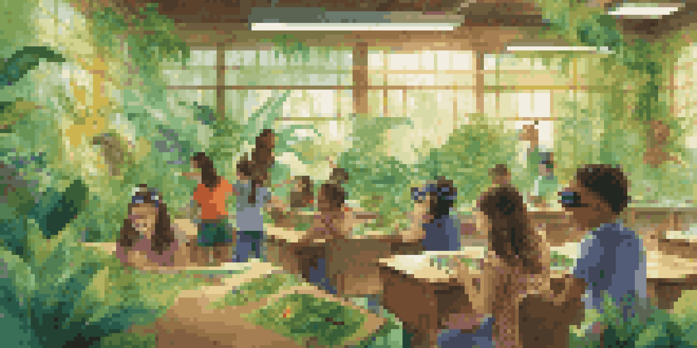 Students in a classroom wearing augmented reality glasses, interacting with a virtual rainforest filled with digital animals and plants.