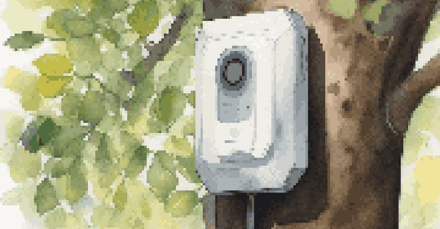 Close-up of a smart sensor device on a tree, surrounded by greenery.