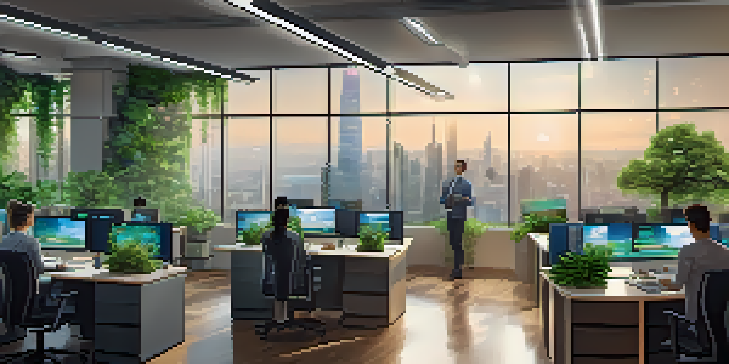 A modern office space showcasing a high-tech customer support center with desks, dual monitors, and plants, illuminated by soft lighting.