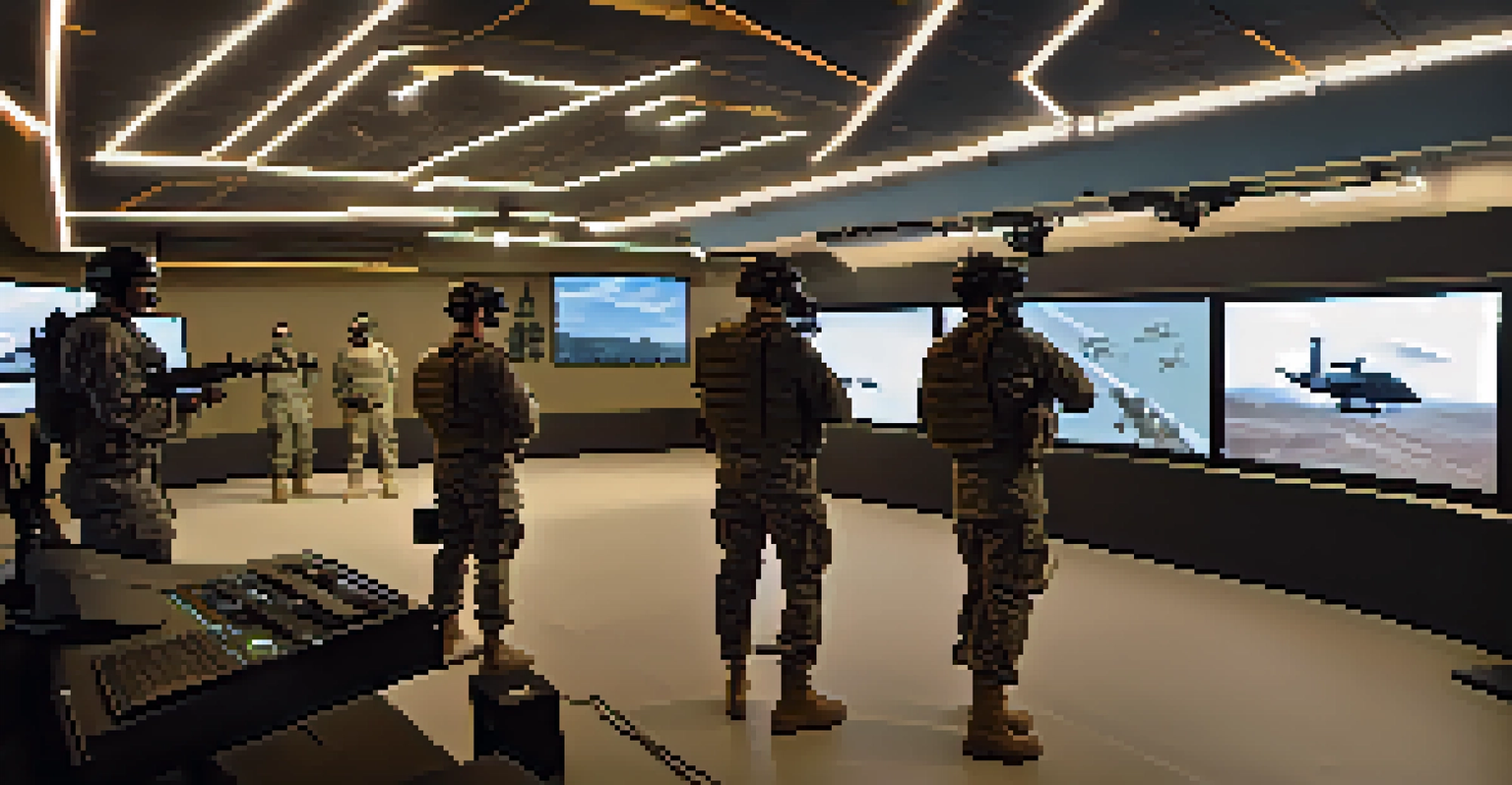 Inside a military training facility featuring soldiers using virtual reality stations for advanced training scenarios.