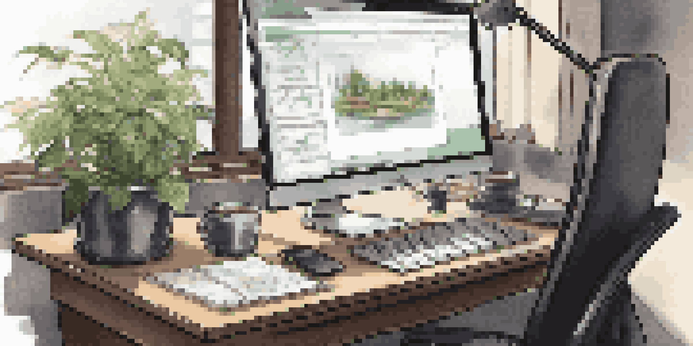 A modern office desk with a laptop showing code, a coffee mug, and a potted plant, illuminated by natural light from a window.