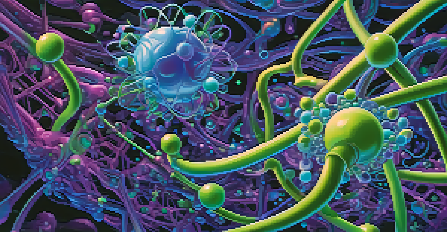 A colorful artistic representation of molecular structures being simulated on a quantum computer in a dark background.