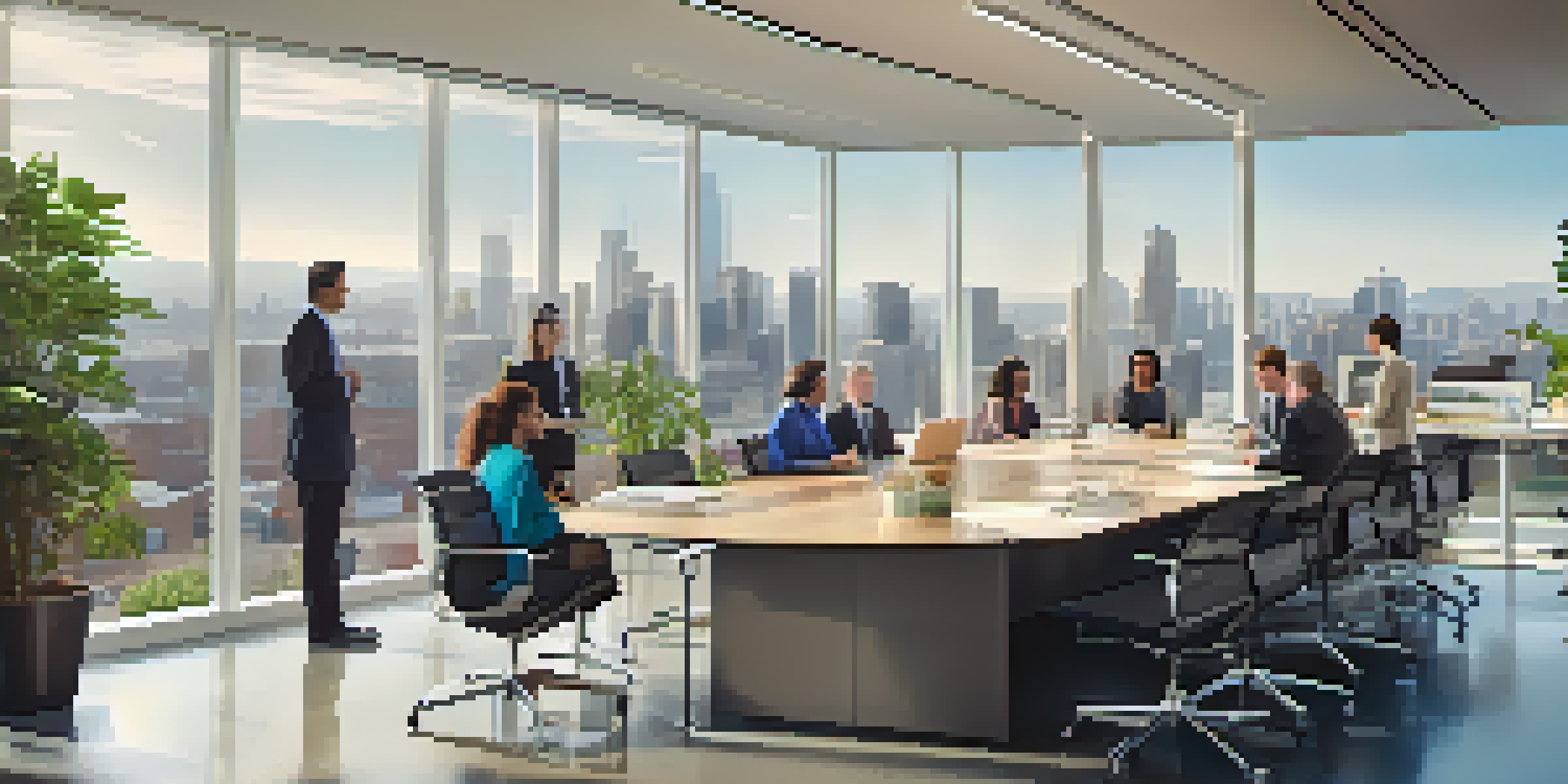 A diverse group of professionals engaged in discussion in a modern office with a city skyline visible through large windows.