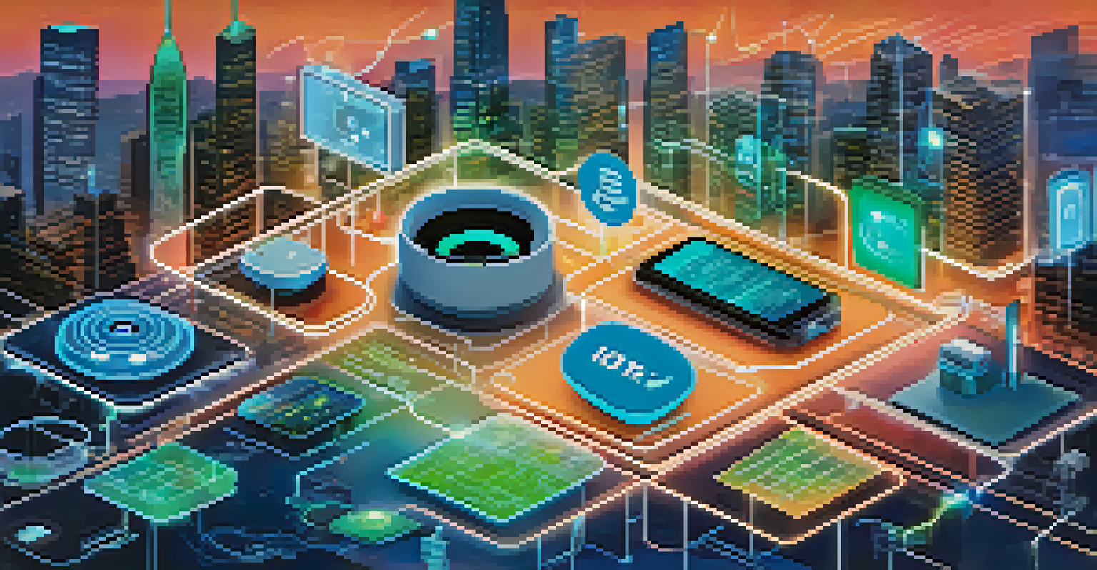 An illustration of interconnected IoT devices with a futuristic cityscape in the background, showcasing a network of technology.