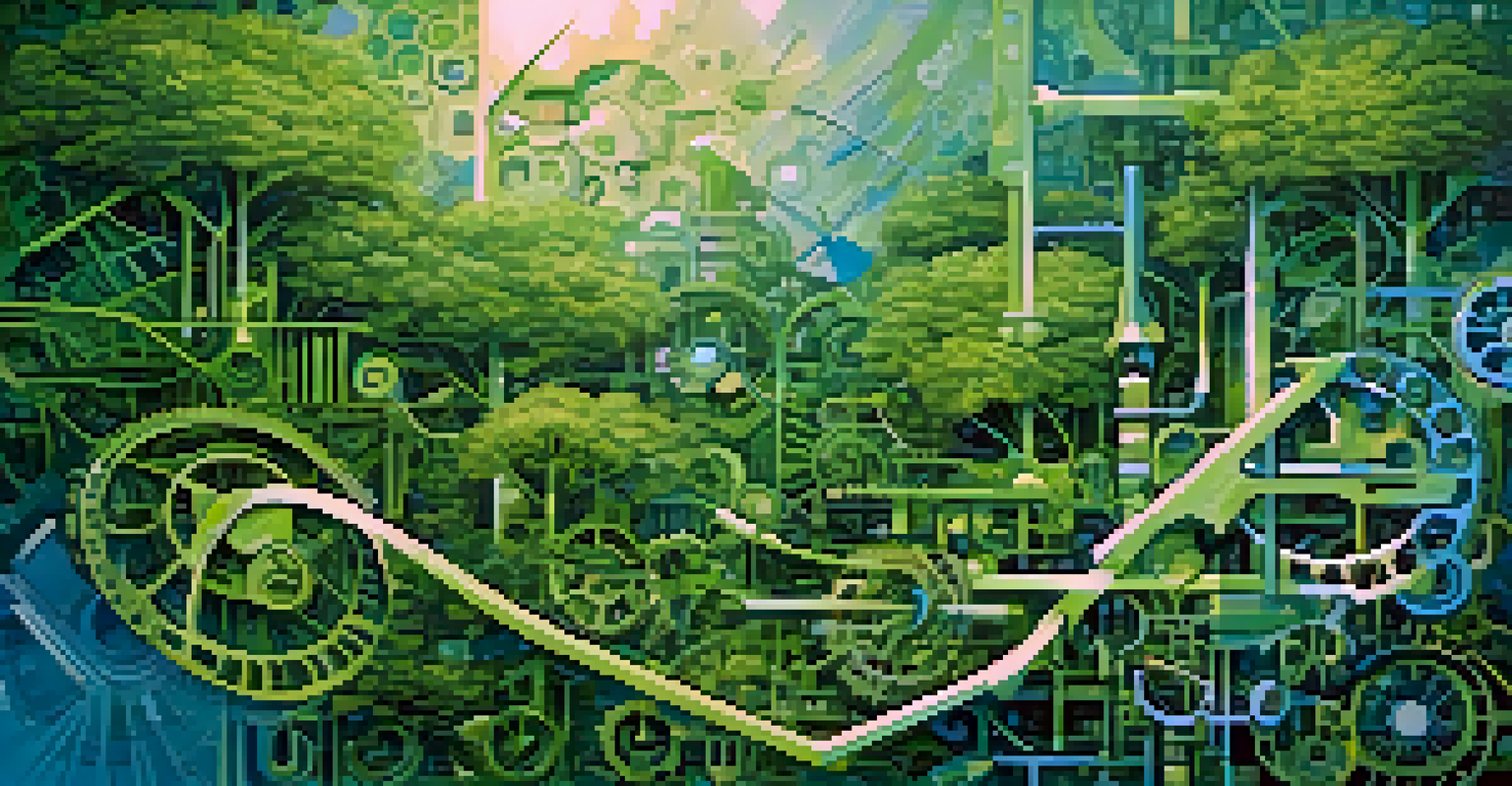 An abstract image depicting software development intertwined with nature, featuring gears and code in a green and blue color palette.