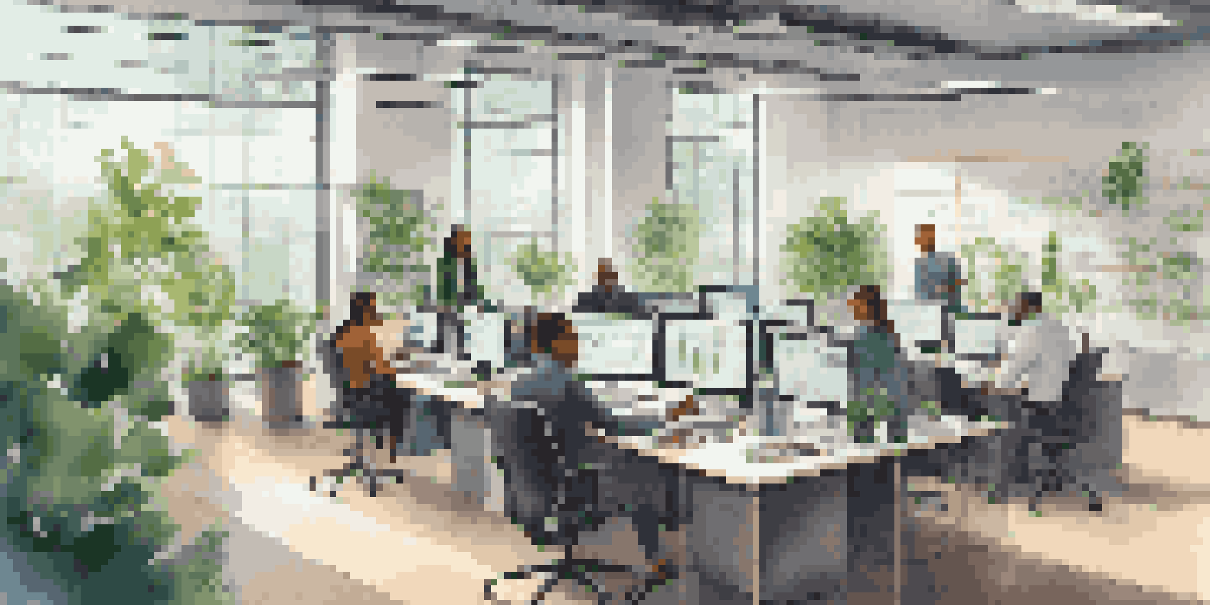 A diverse team of IT professionals working together in a bright office filled with technology and plants.