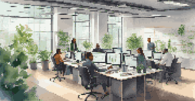 A diverse team of IT professionals working together in a bright office filled with technology and plants.