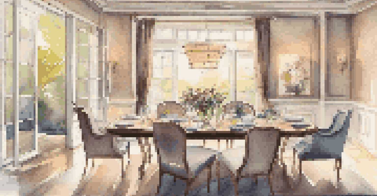 An elegant dining room with smart lighting creating a beautiful ambiance, featuring a set dining table and flowers, with natural light streaming through windows.