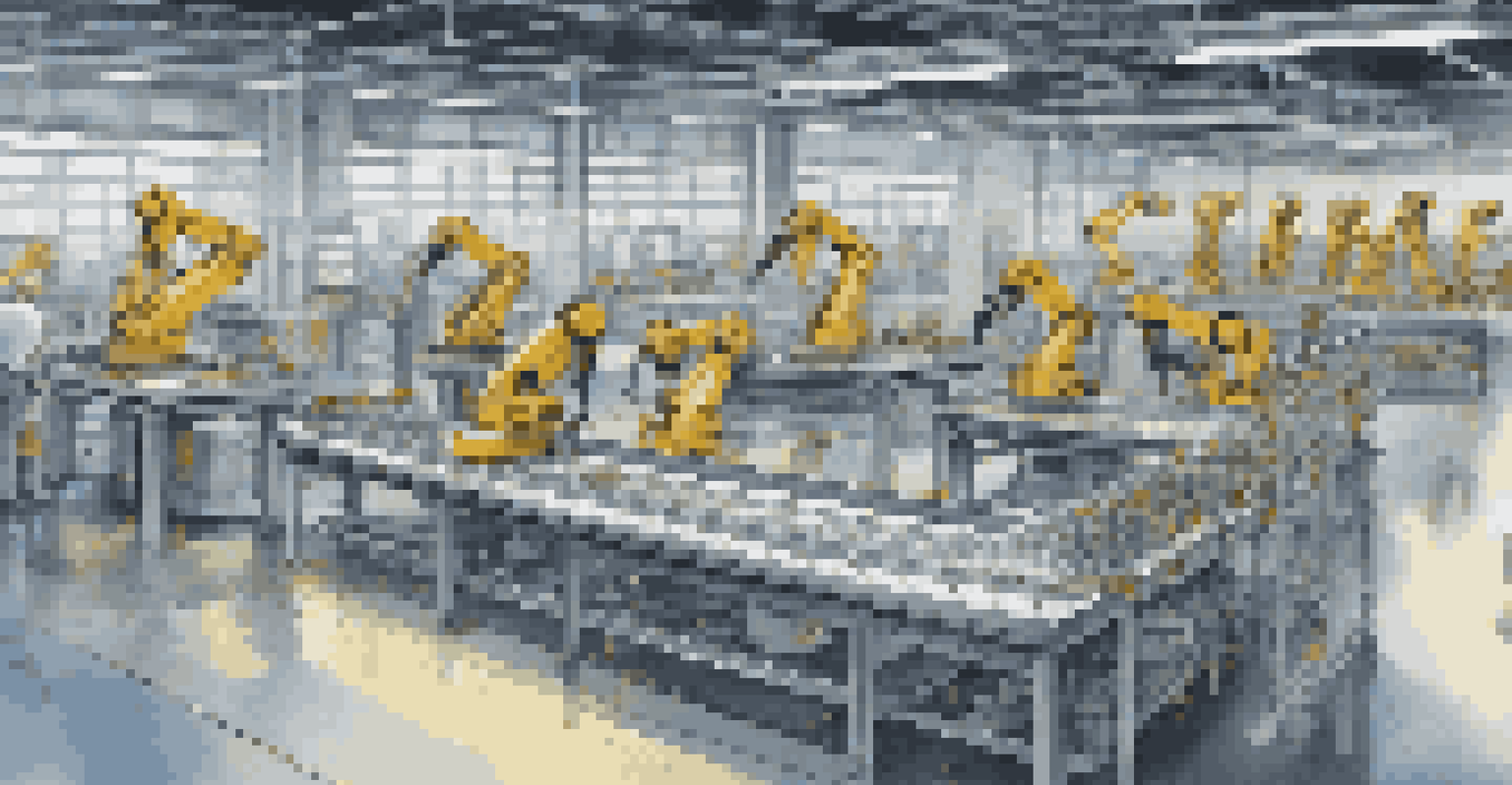 An automated production line in a factory with robotic arms assembling products, demonstrating modern manufacturing technology.