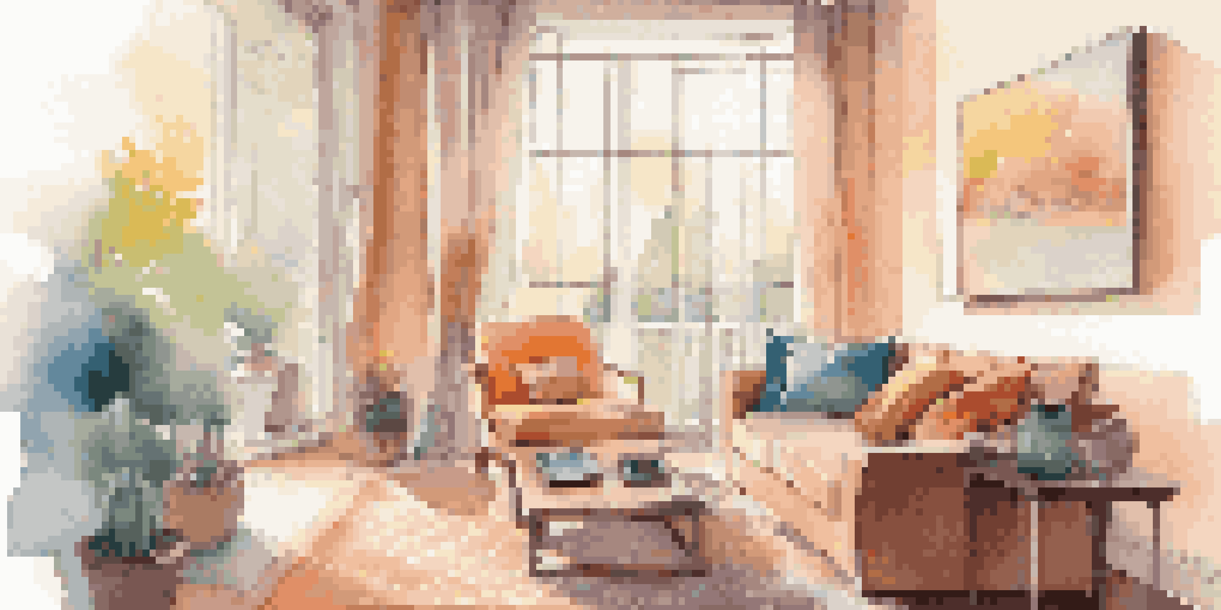 A warm living room featuring a smart thermostat, a cozy sofa with colorful pillows, and a tablet displaying energy usage stats, with sunlight streaming through curtains.
