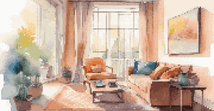 A warm living room featuring a smart thermostat, a cozy sofa with colorful pillows, and a tablet displaying energy usage stats, with sunlight streaming through curtains.