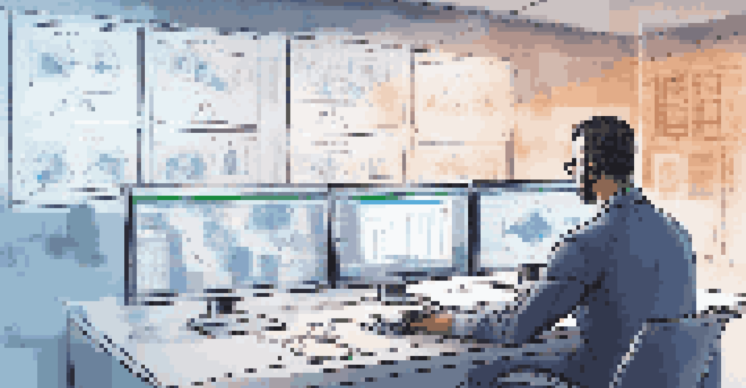 An IT professional reviewing network security on a laptop in a modern office setting.