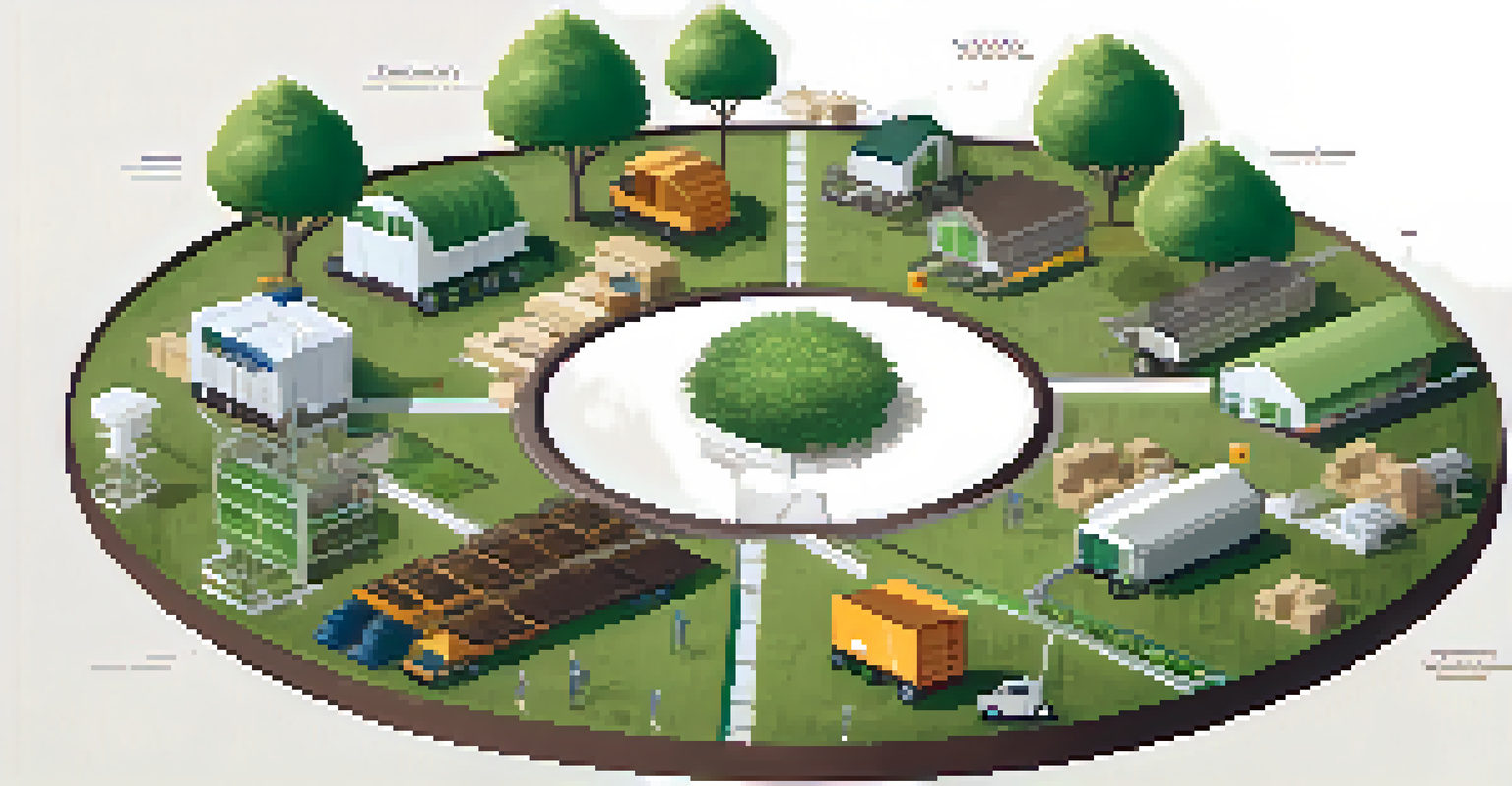 An overhead view of a circular diagram illustrating a sustainable supply chain, with eco-friendly sourcing and recycling processes.