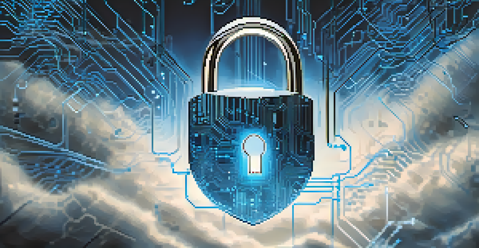 An abstract image showing a digital padlock on a cloud network with glowing data streams, symbolizing API security.