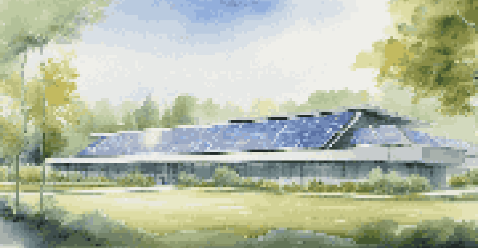 A futuristic building with solar panels and green spaces, surrounded by trees under a clear blue sky.