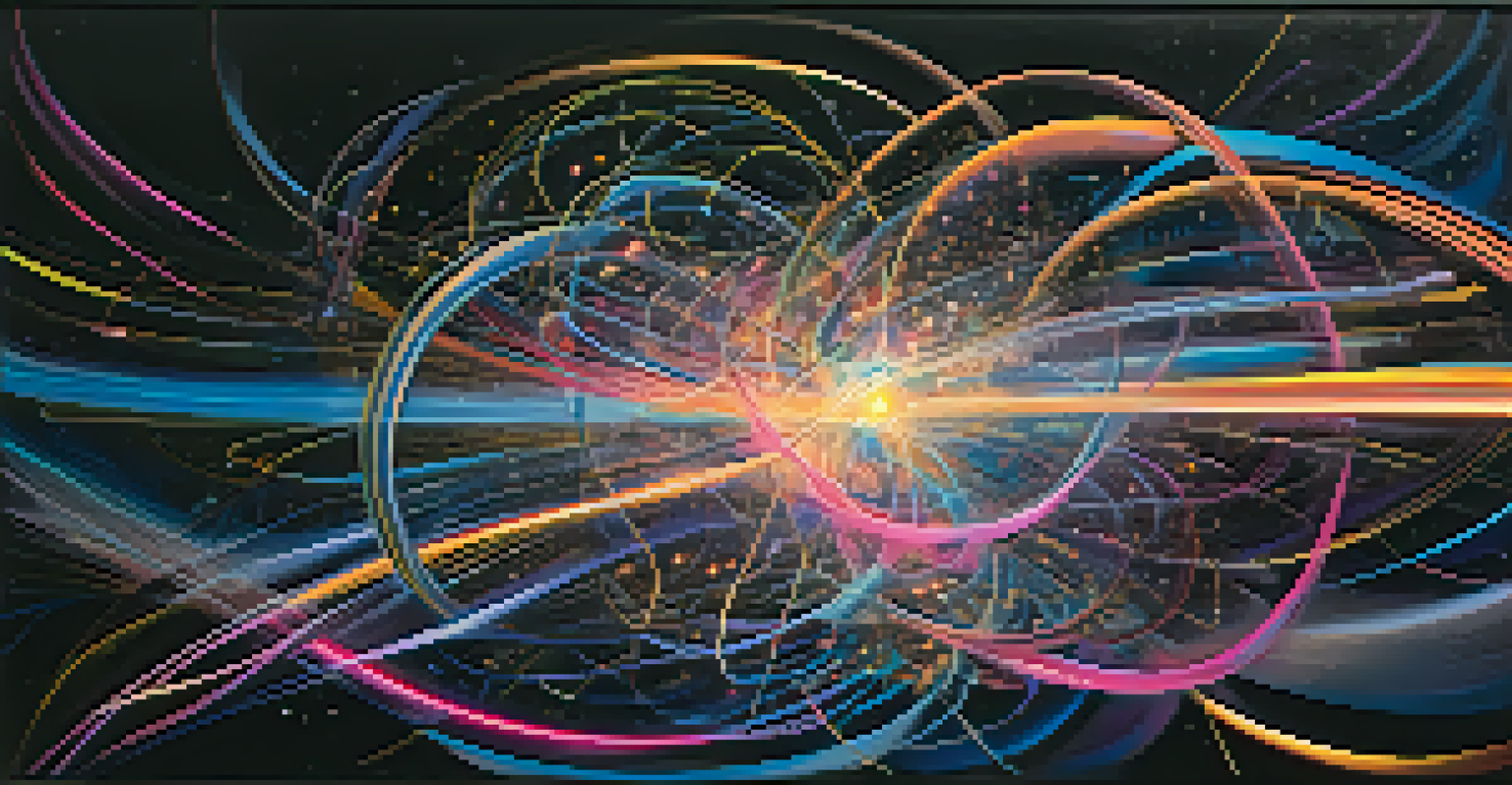 An abstract illustration of quantum entanglement with colorful particles and bright light lines on a black background, representing secure communication technology.
