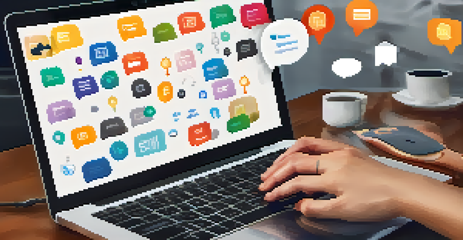 Close-up of hands typing on a laptop with collaboration tool icons floating around.
