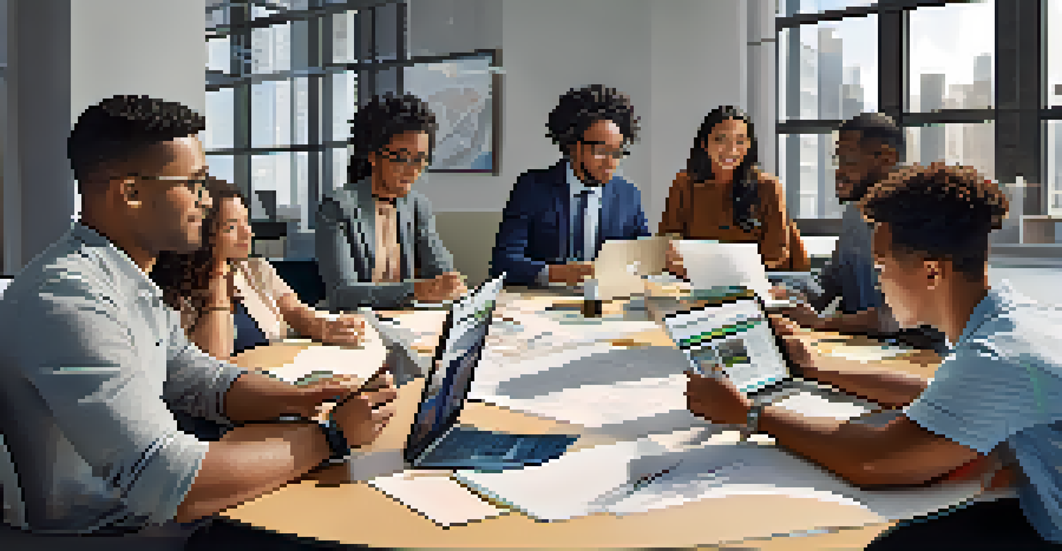 Diverse people collaborating in a bright modern office, engaged in a brainstorming session with digital tools.