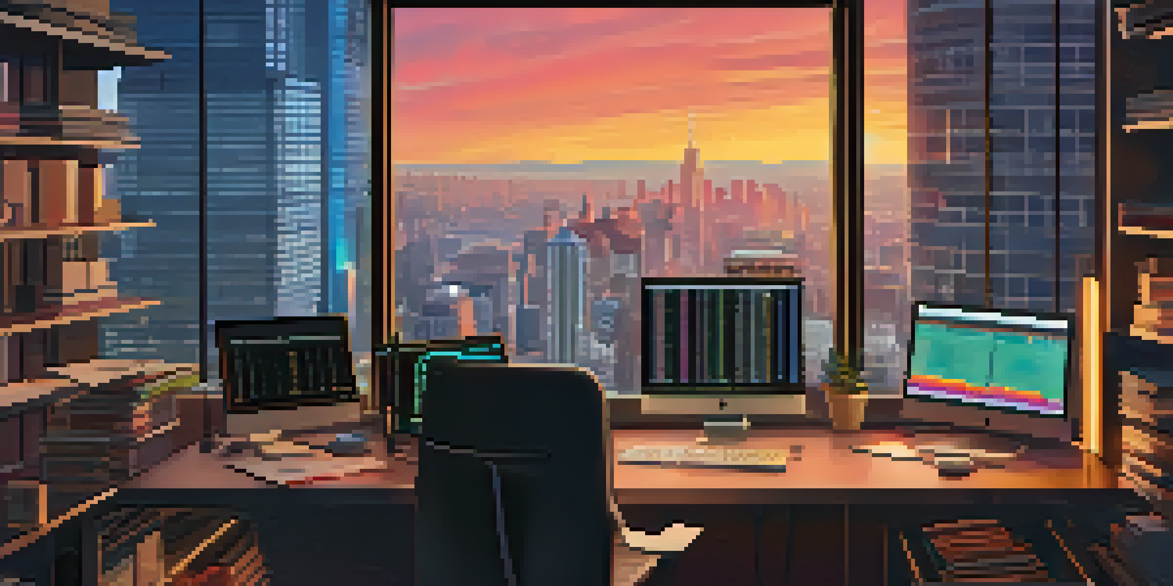 A data scientist's workspace with dual monitors, colorful visualizations, and a city skyline view at sunset.