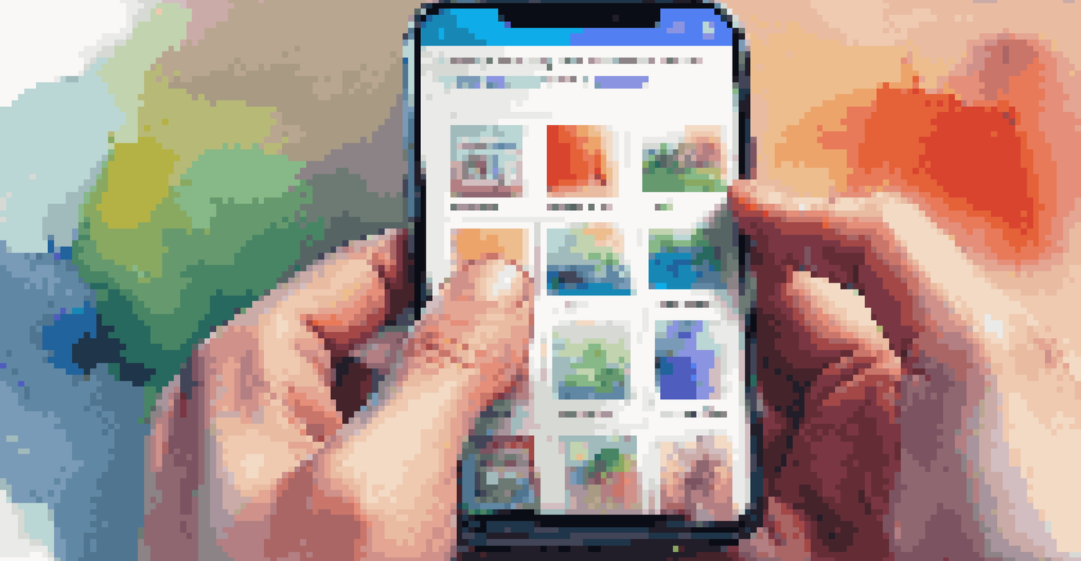 A close-up of a person's hands holding a smartphone with a colorful digital content platform displayed.