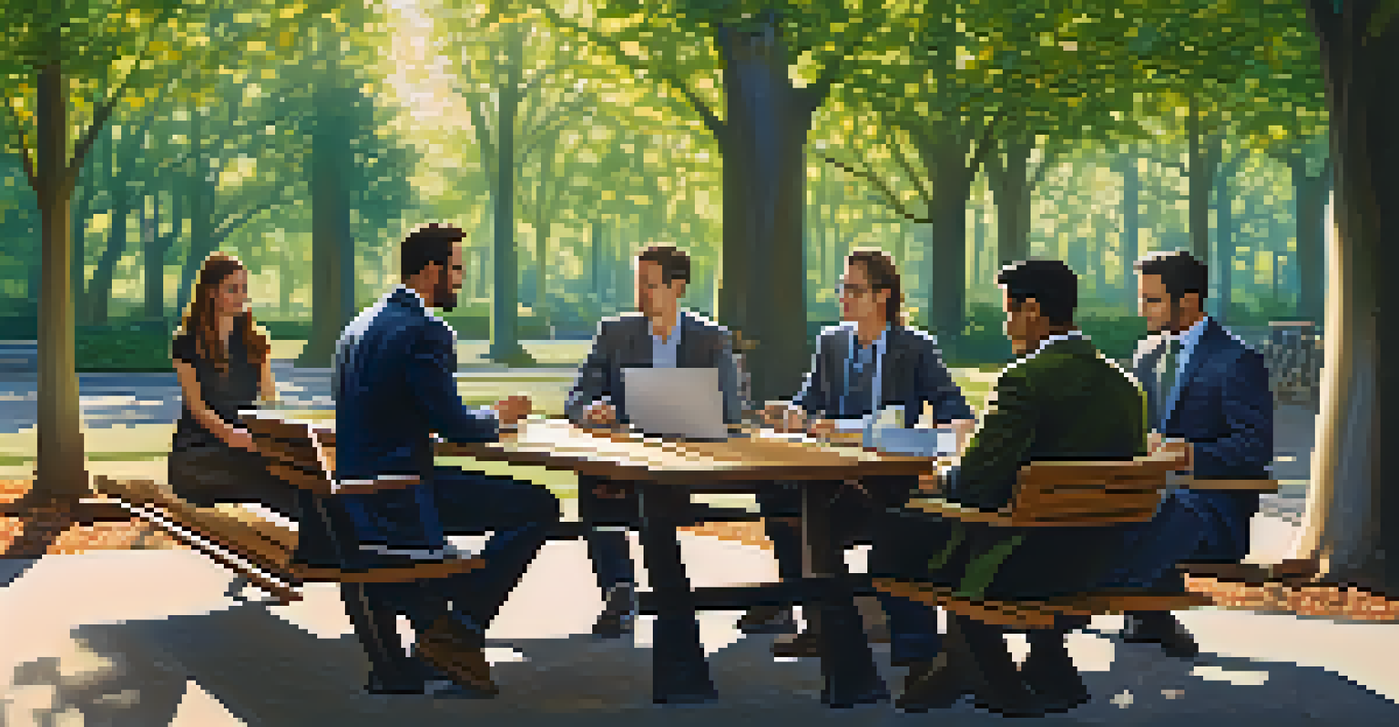 A team of professionals having a meeting in a park, discussing ethical AI practices at a picnic table with laptops and surrounded by nature.