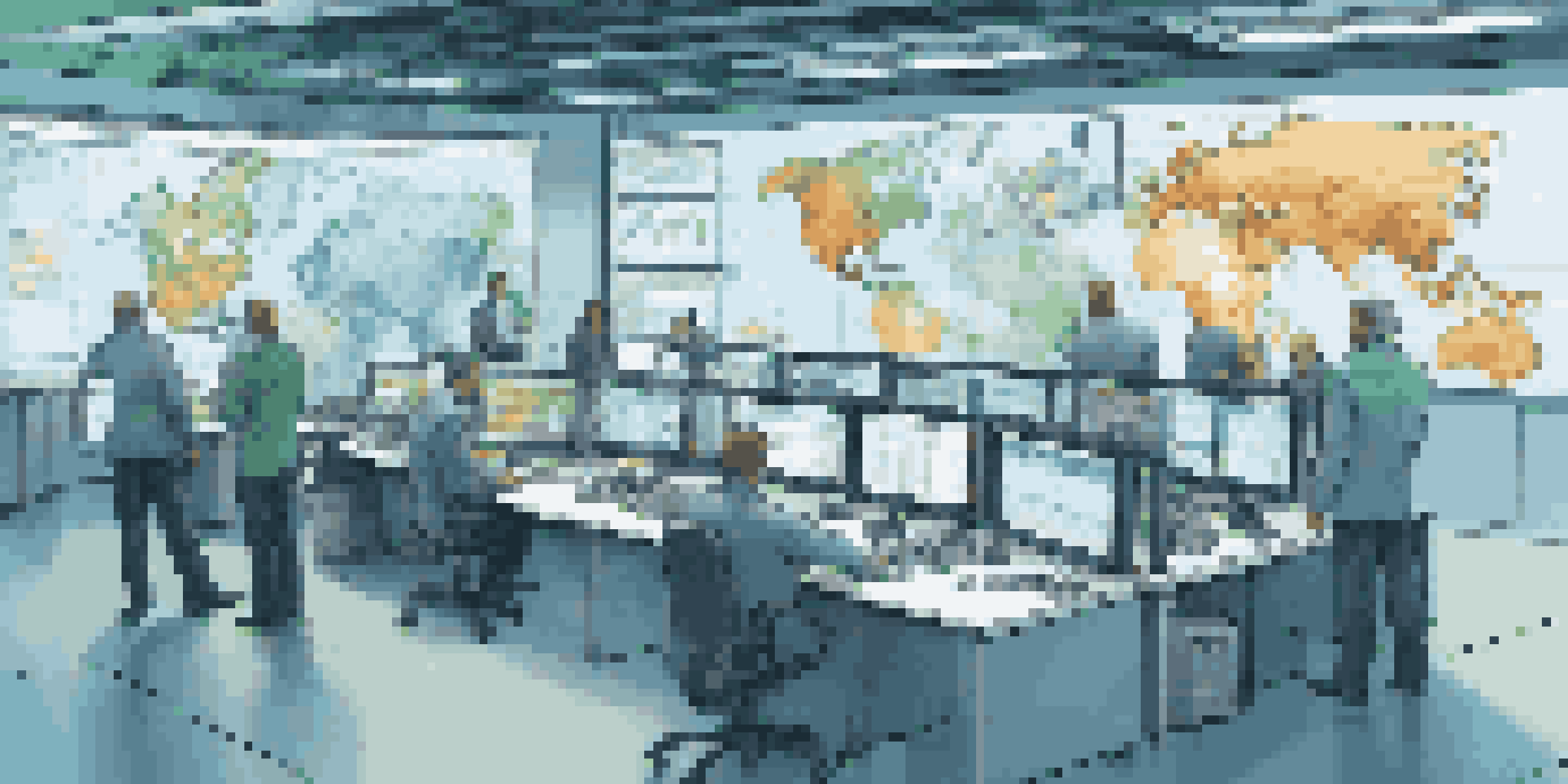 A modern control room for supply chain management with digital screens, showing data and maps. Diverse professionals are engaged in discussion.