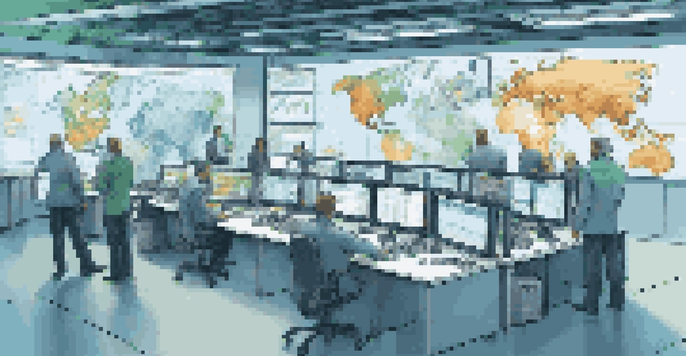A modern control room for supply chain management with digital screens, showing data and maps. Diverse professionals are engaged in discussion.