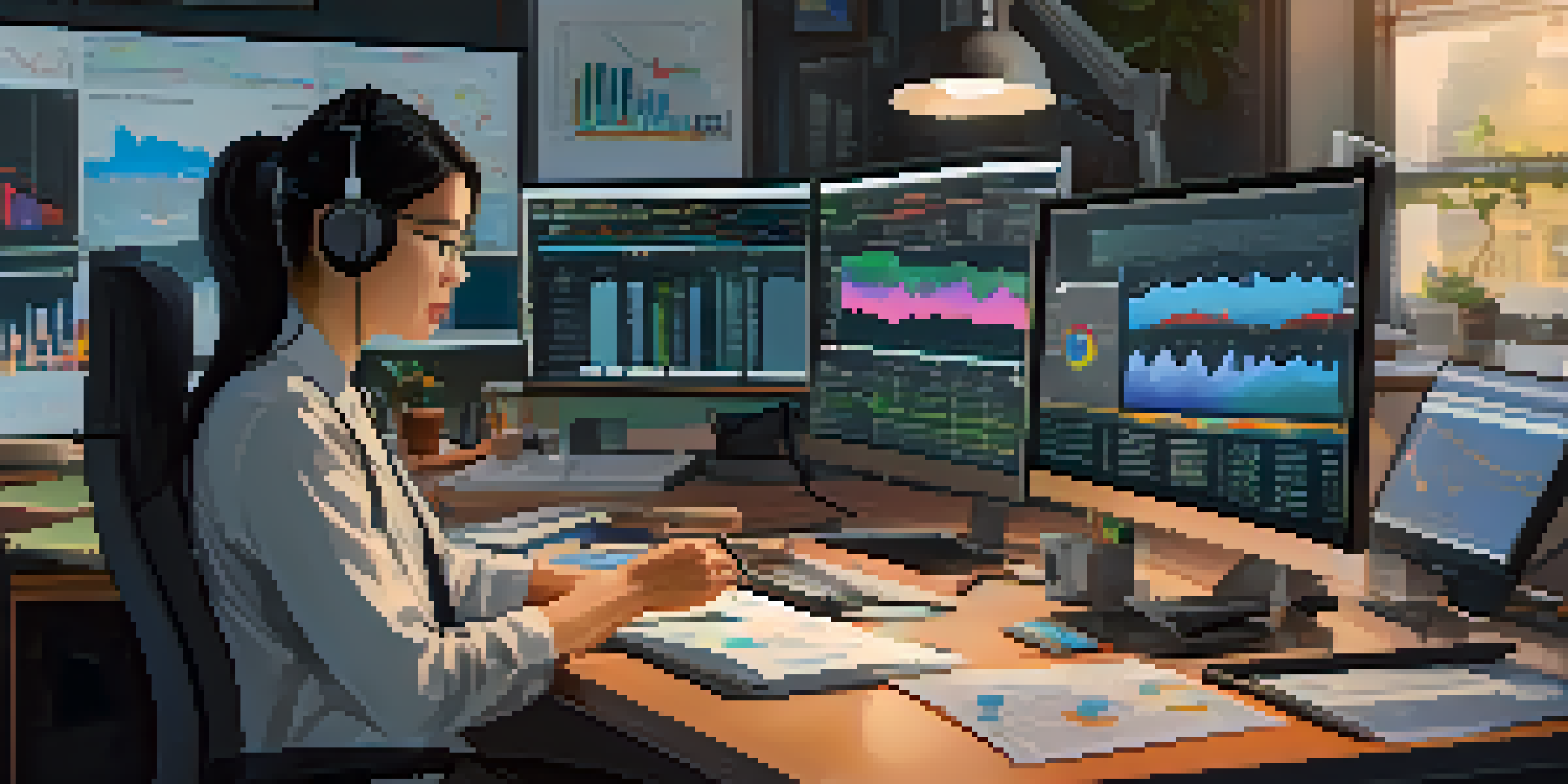 A data analyst, a middle-aged Asian woman, is working at a desk with multiple screens showing colorful graphs and charts in a cozy office environment.
