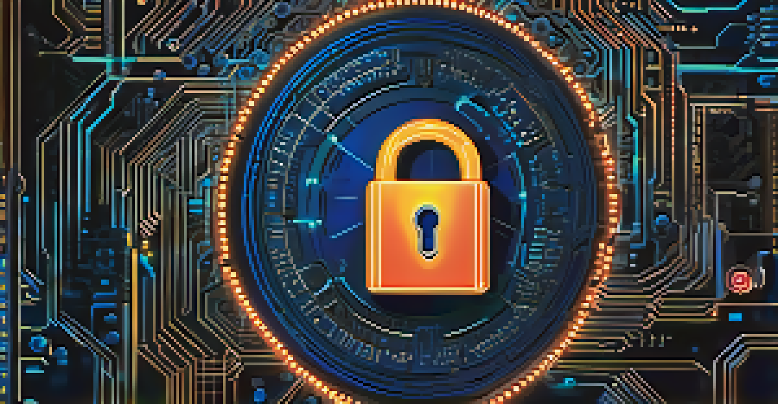 An abstract image of a digital lock surrounded by binary code and glowing circuits, symbolizing cybersecurity.