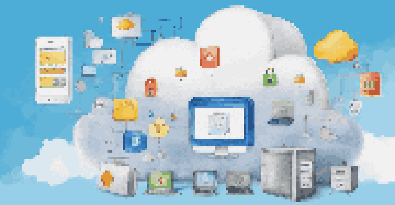 A cloud with icons representing data backup, set against a blue sky with fluffy clouds, showcasing security and technology.