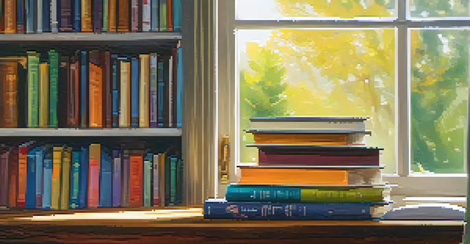 A stack of colorful books on a wooden table in a cozy reading nook with a warm light and plush armchair in the background.