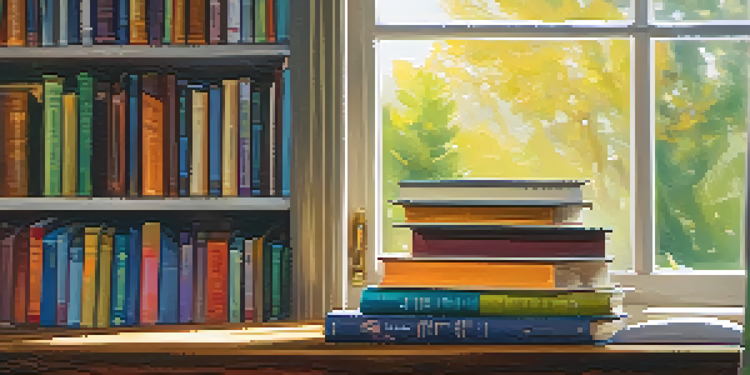 A stack of colorful books on a wooden table in a cozy reading nook with a warm light and plush armchair in the background.