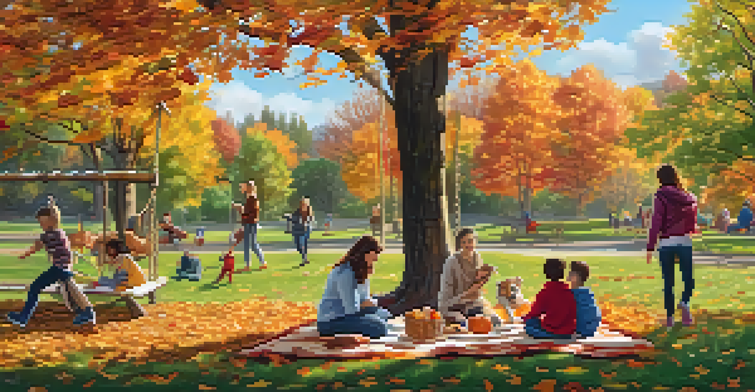 An autumn park with a family having a picnic, colorful leaves, and children playing in the background.