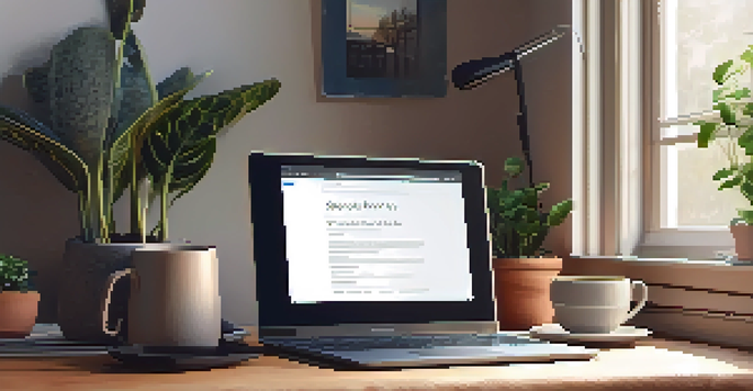 A warm and inviting workspace with a laptop, houseplants, and a cup of coffee illuminated by soft natural light.