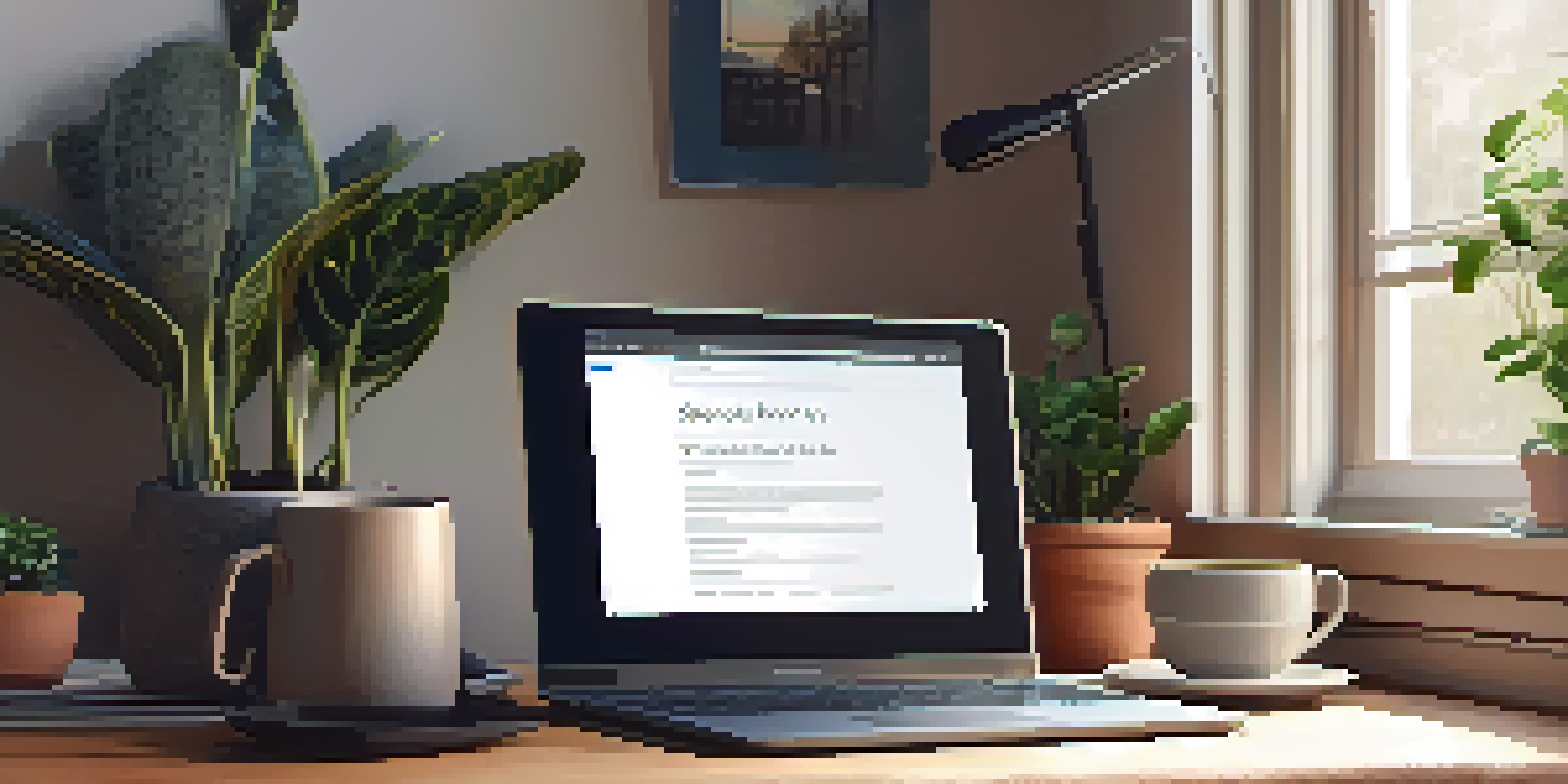 A warm and inviting workspace with a laptop, houseplants, and a cup of coffee illuminated by soft natural light.