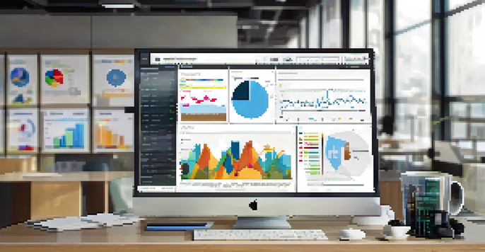 A modern office with a computer screen displaying a colorful data catalog interface, surrounded by a neatly arranged desk.