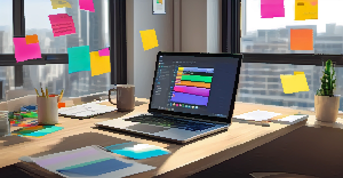 A modern workspace with a laptop showing code, a smartphone with a prototype, and colorful sticky notes, illuminated by natural light.