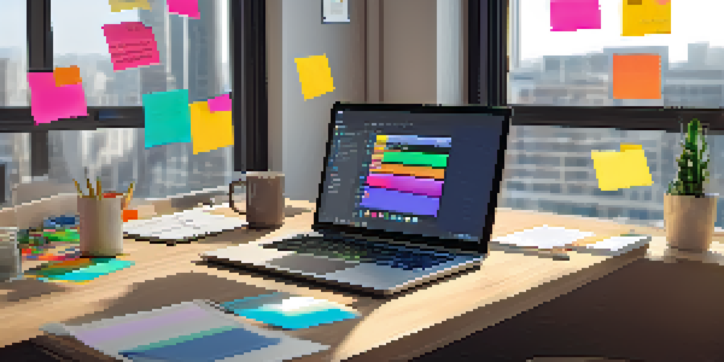 A modern workspace with a laptop showing code, a smartphone with a prototype, and colorful sticky notes, illuminated by natural light.