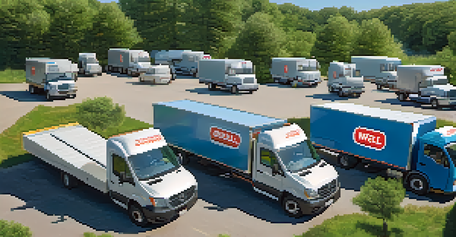 A fleet of delivery trucks parked outdoors with digital screens showing telematics data.