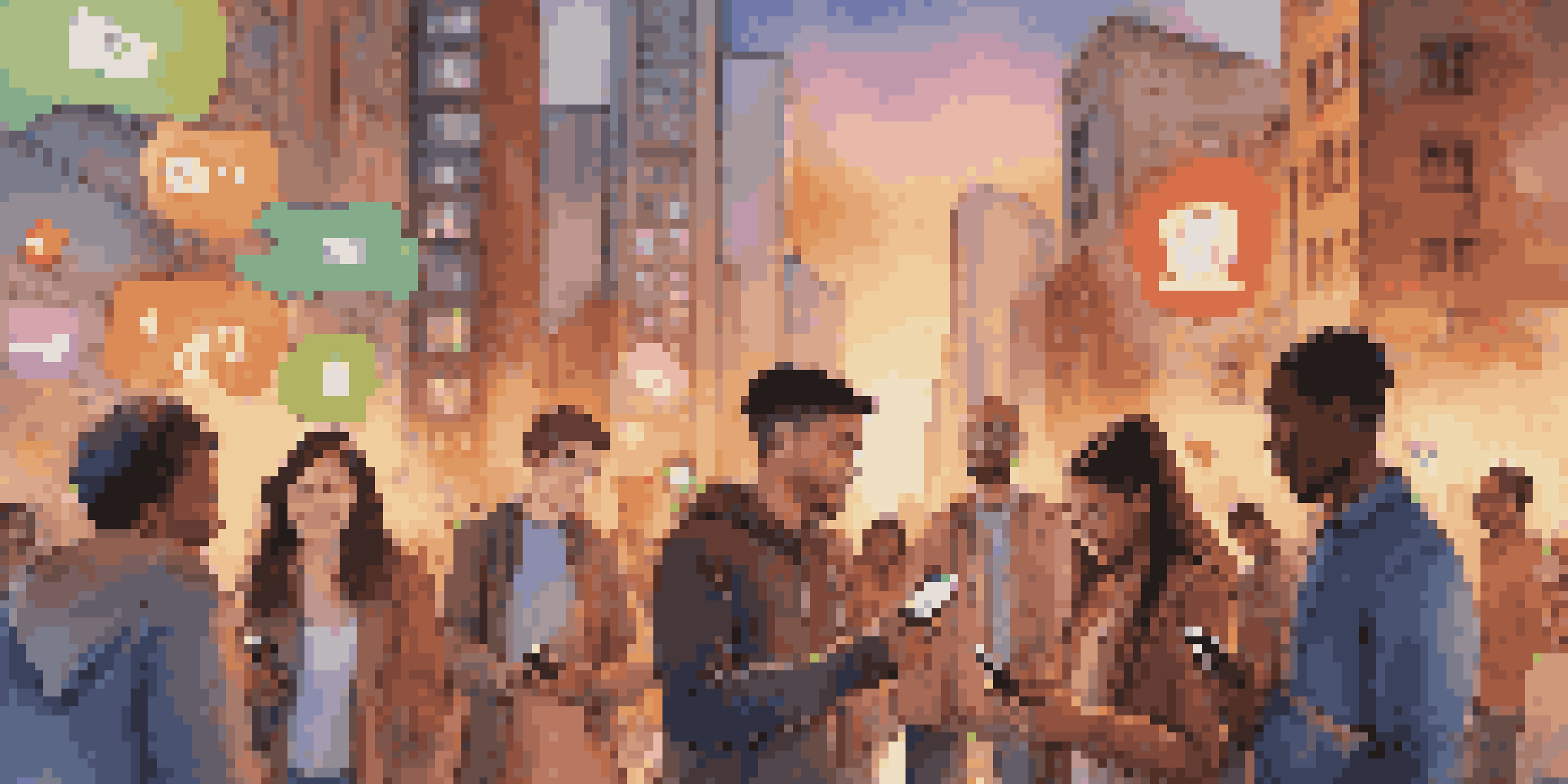 A diverse group of people using smartphones in a city, with social media icons around them, during sunset.