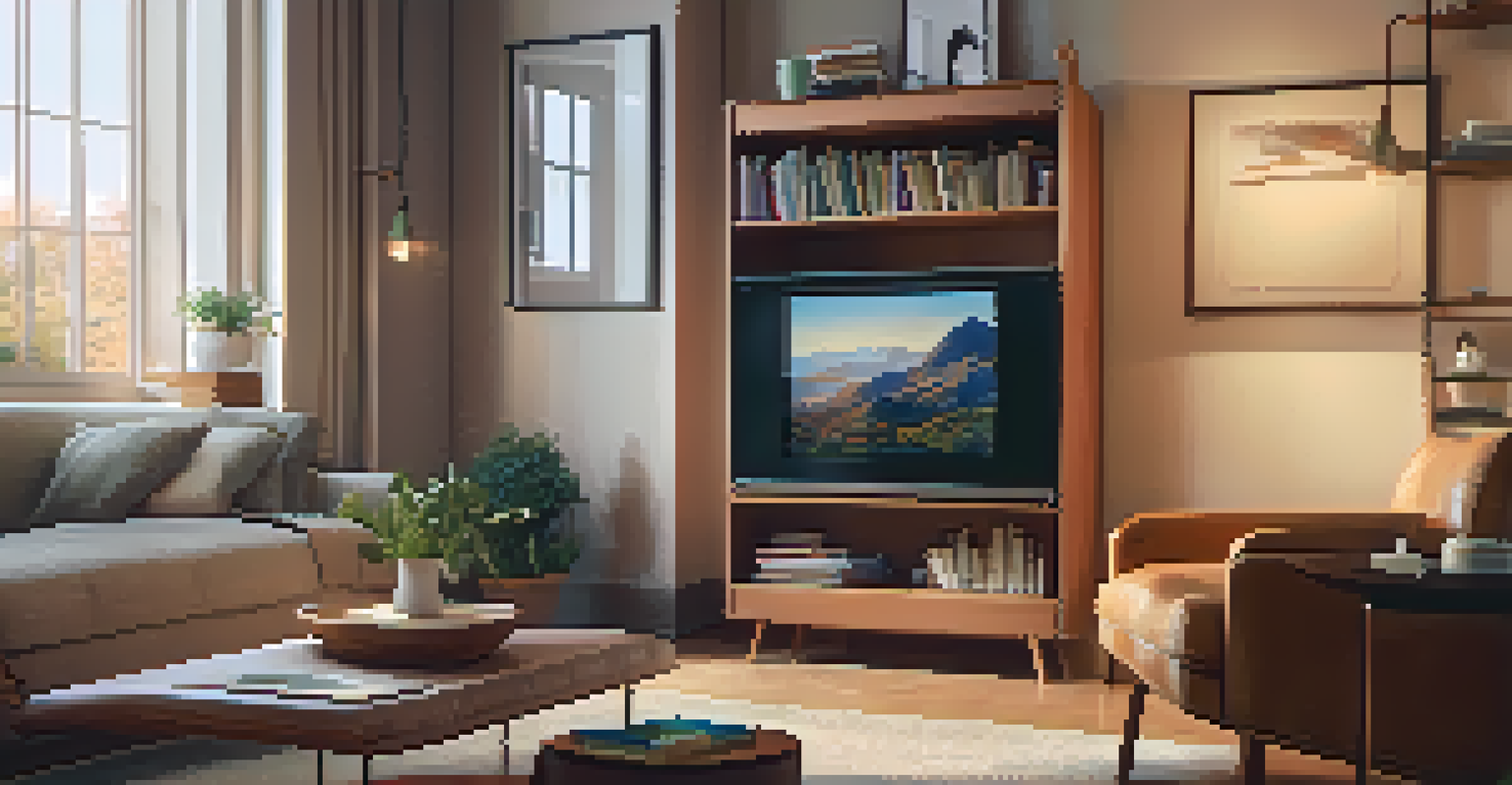 A close-up of a person interacting with a smart speaker in a cozy living room setting.