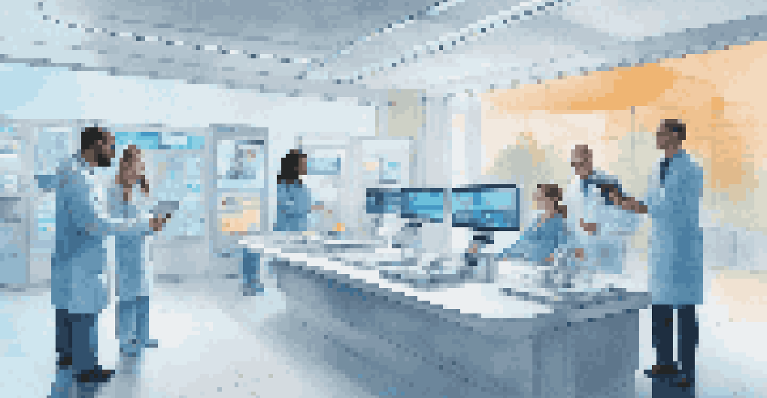 A futuristic healthcare collaboration scene with professionals using digital devices to share patient information seamlessly.