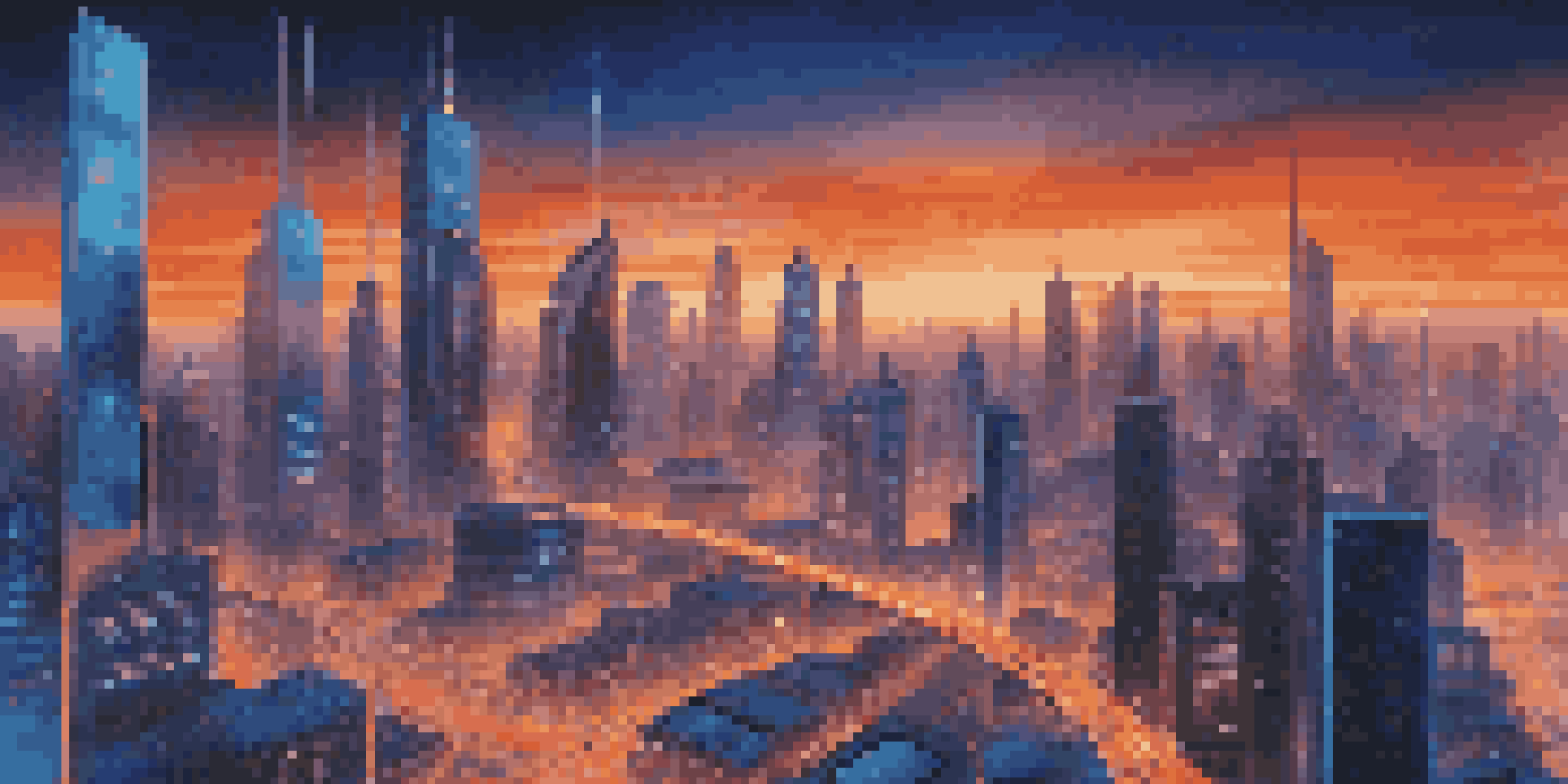 A futuristic city at dusk with glowing data streams and smart devices connected, featuring illuminated skyscrapers and a vibrant sky.