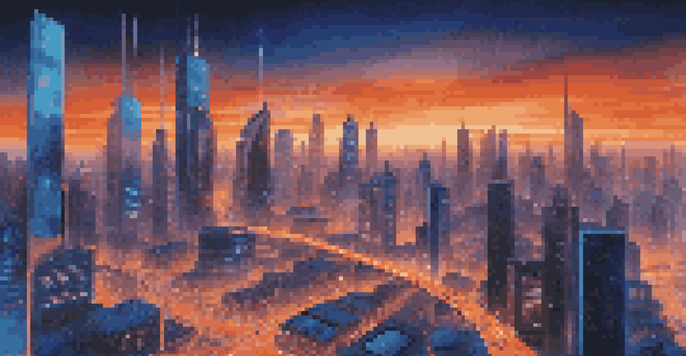 A futuristic city at dusk with glowing data streams and smart devices connected, featuring illuminated skyscrapers and a vibrant sky.