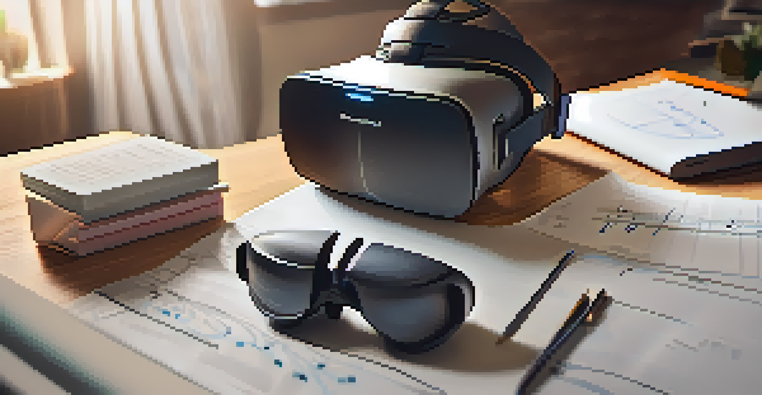 A close-up view of a modern VR headset on a desk, surrounded by office supplies in a warm, inviting workspace.