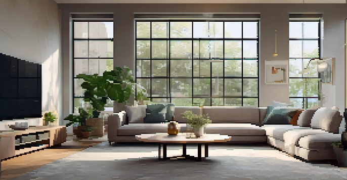 A contemporary living room with a smart thermostat, cozy furniture, and smart lighting, illuminated by natural light.
