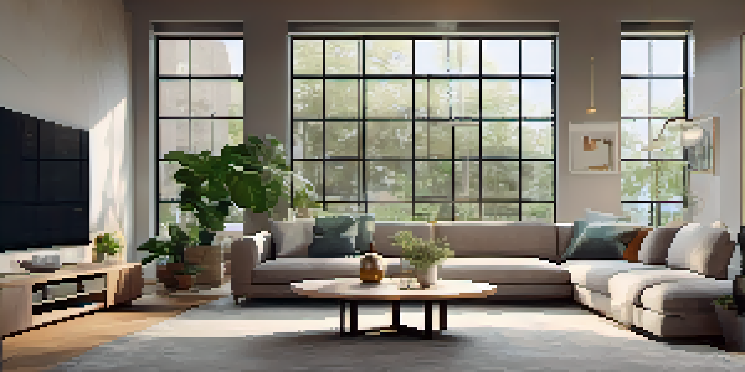 A contemporary living room with a smart thermostat, cozy furniture, and smart lighting, illuminated by natural light.