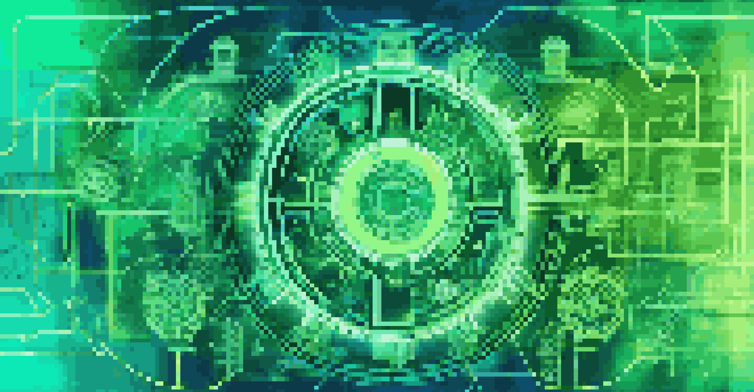 An abstract image symbolizing test automation with gears, circuits, and digital code against a blue and green gradient background.