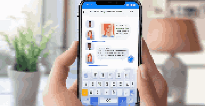 A modern smartphone displaying a chatbot interface with a friendly conversation and product visuals, set in a bright workspace.